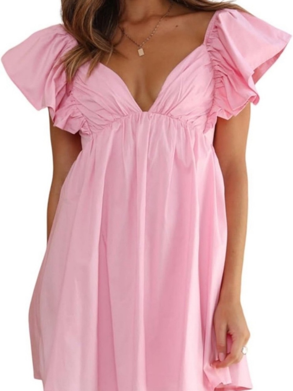 Pink Flutter-Sleeve Babydoll Dress